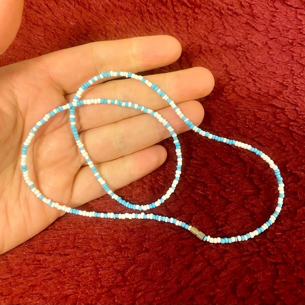 Blue and White Beaded Necklace. Handmade